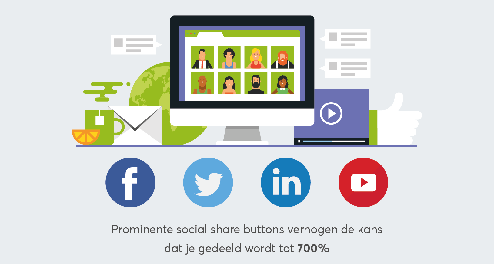 illustratie met grote social share buttons. Zo maak je content deelbaar
