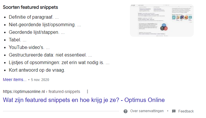 opsomming featured snippet