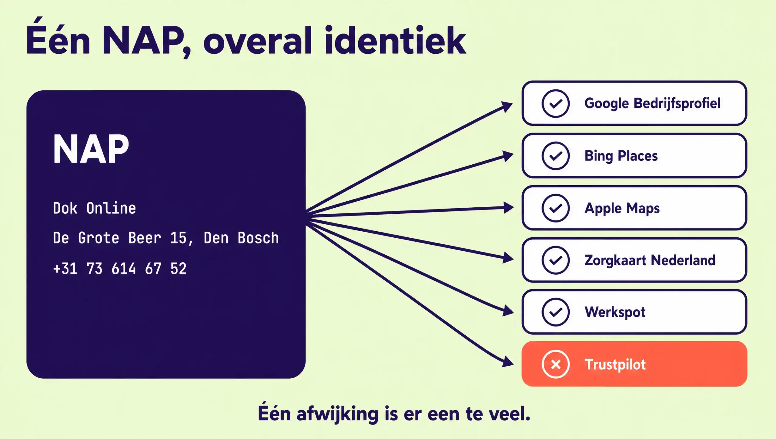 Eén NAP met naam, adres en telefoonnummer, identiek doorgevoerd op Google Bedrijfsprofiel, Bing Places, Apple Maps, Zorgkaart Nederland, Werkspot en Trustpilot, met één afwijkende vermelding gemarkeerd