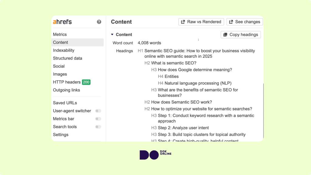 An example of proper header tag hierarchy for on-page SEO structure for an article on ‘What is Semantic SEO?’