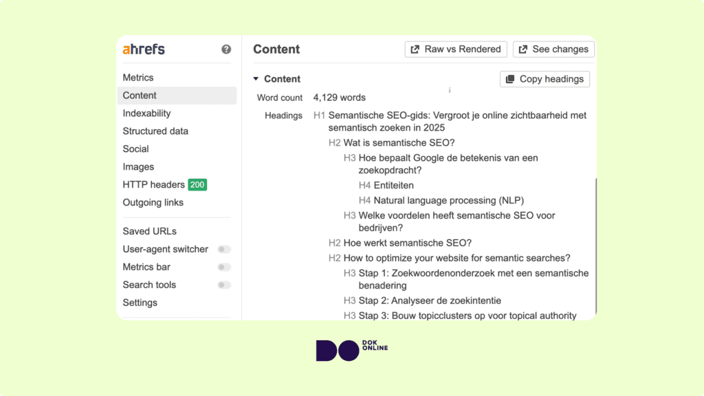 Een voorbeeld van een correcte hiërarchie van koppen (header tags) voor de on-page SEO-structuur van een artikel over ‘Wat is semantische SEO?’