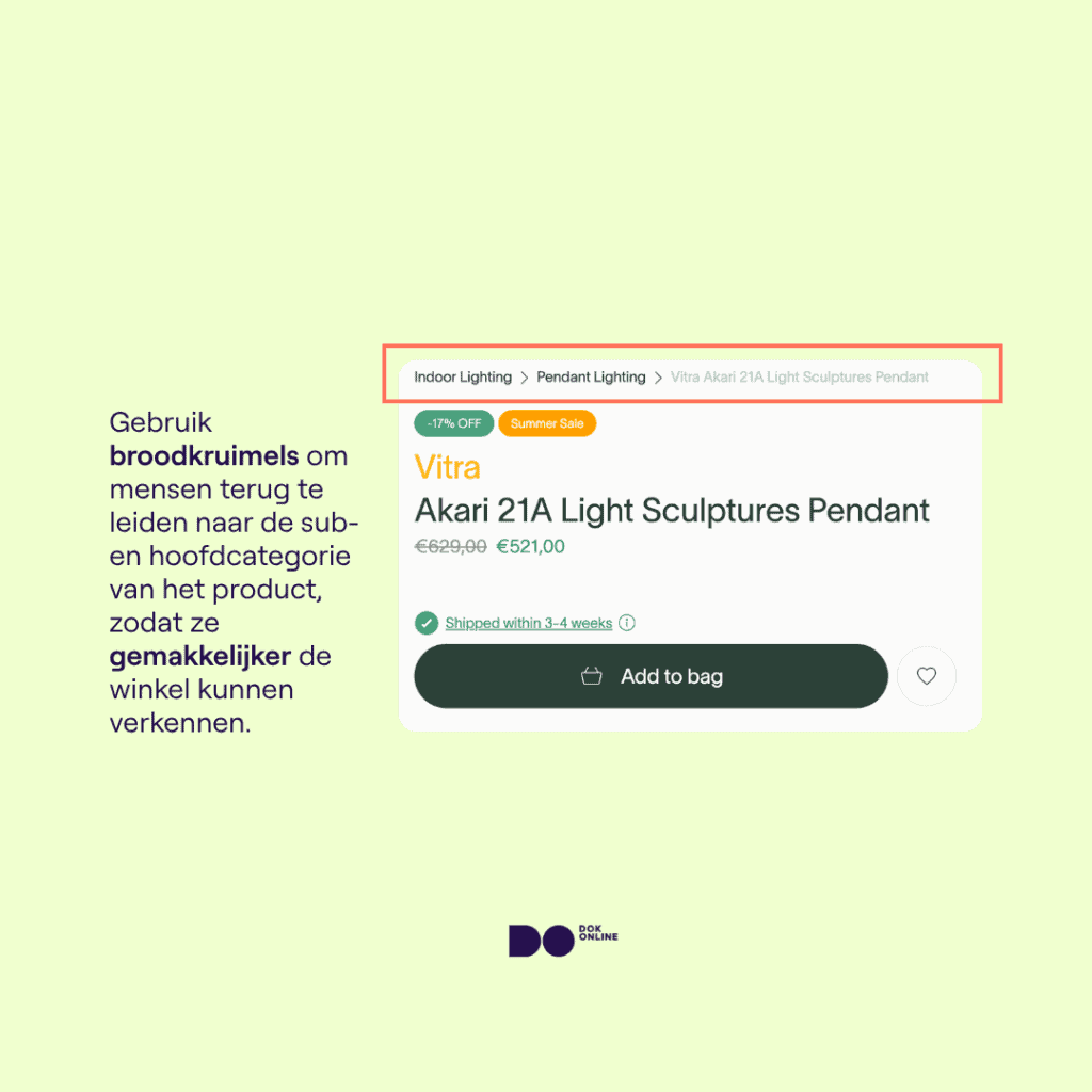Een breadcrumb-structuur op een productpagina die verwijst naar de bijbehorende hoofdcollectie- of categoriepagina.