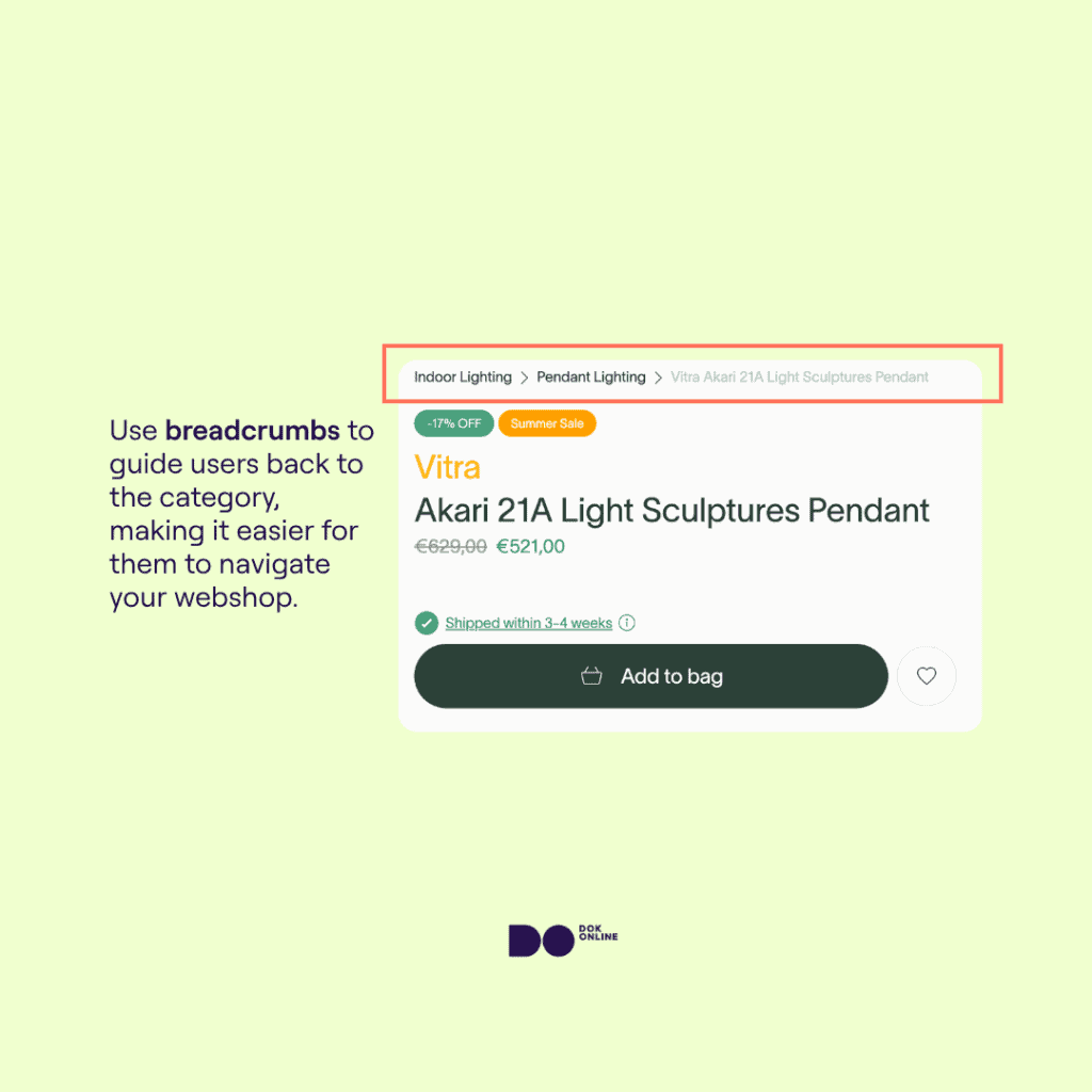 A breadcrumb set up on a product page showing its main collection/category page.