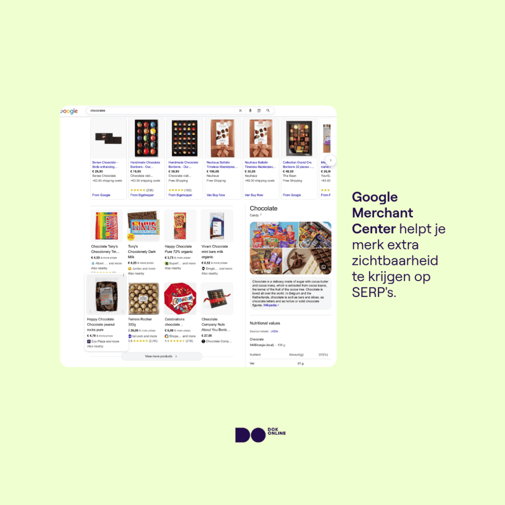 Een afbeelding van de chocoladelijstweergave gegenereerd door Google Merchant Center op de zoekopdracht ‘chocolates’.