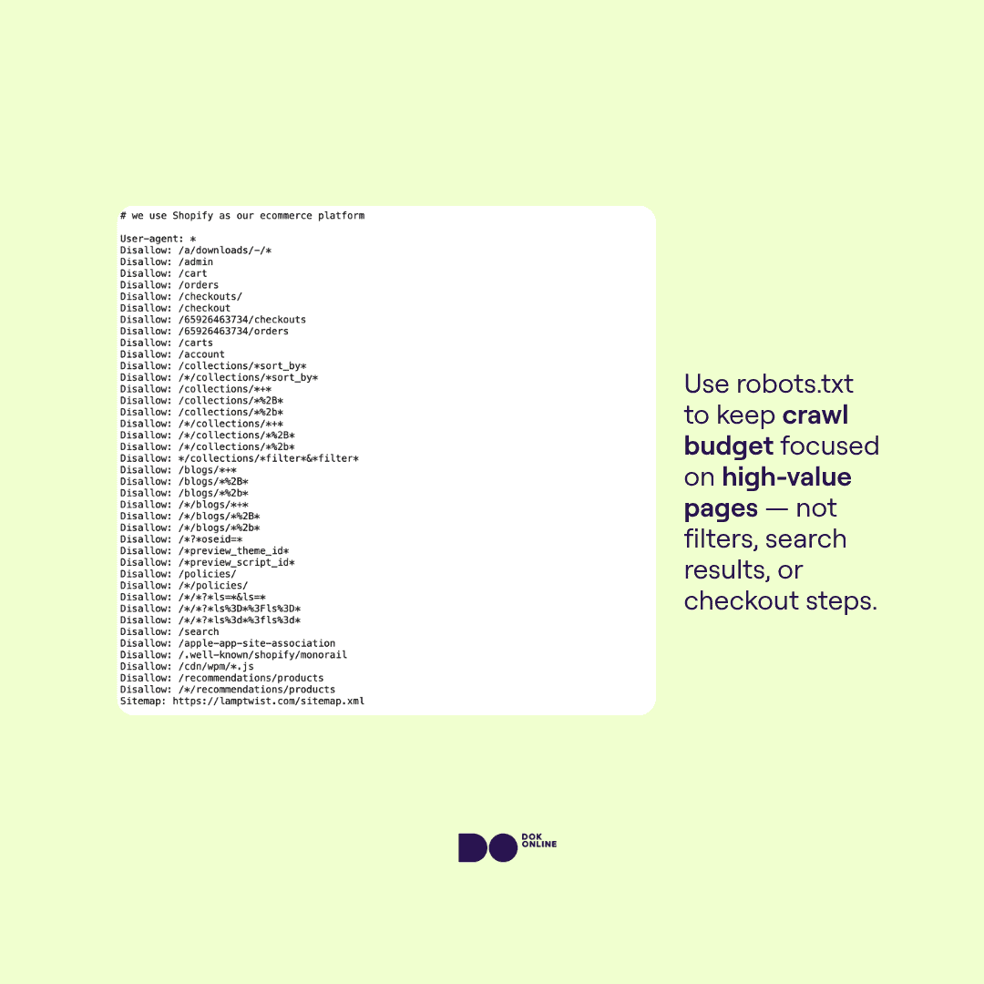 Shopify robots.txt file example showing crawl restrictions for cart, checkout, filters, internal search, and duplicate collection URLs.