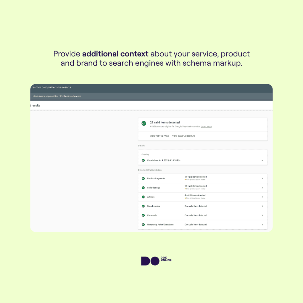 Rich results validator for the site paperandtea.nl’ showing product snippets, merchant listings, articles, and breadcrumbs schemas.