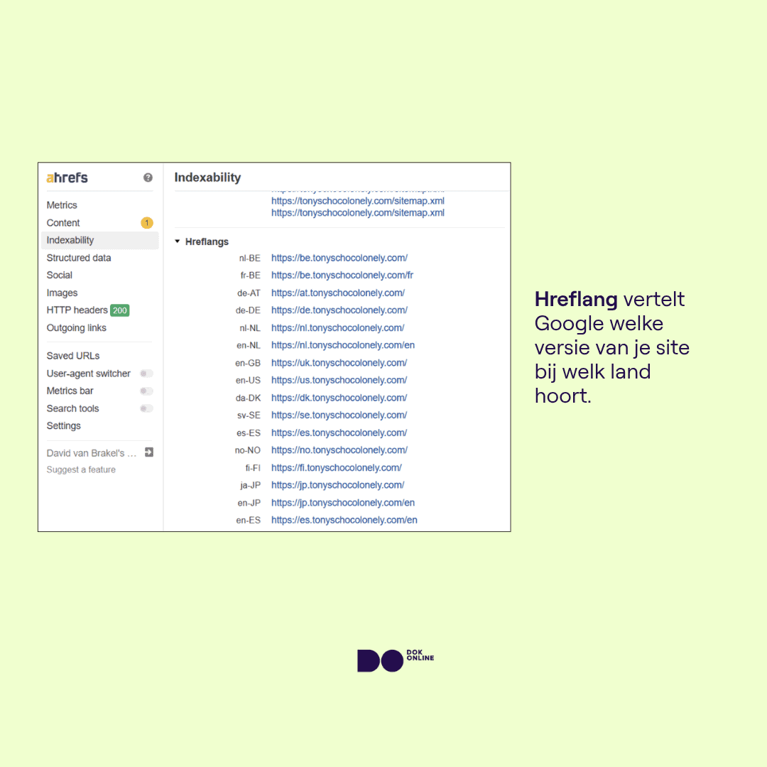 Voorbeeld van hreflang-tags op tonyschocolonely.com met talen: Frans, Nederlands, Duits, Engels, Spaans en andere talen.