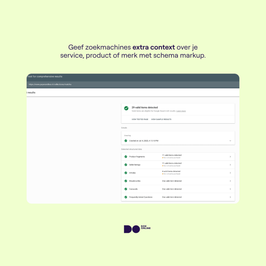 Rich results validator voor de site ‘paperandtea.nl’ met productfragmenten, winkellinks, artikelen en breadcrumbs-schema’s.