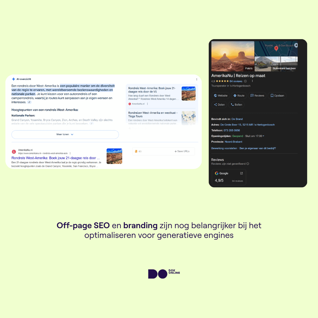Een afbeelding toont het GBP-profiel van AmerikaNu naast hun pagina in AI-overzichten, na samenwerking met Dok Online voor GEO- en SEO-diensten