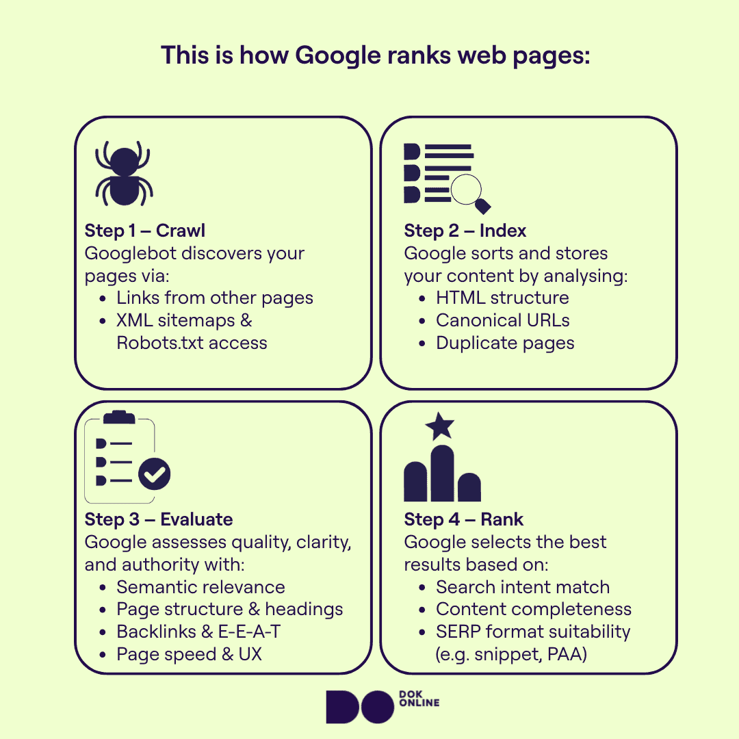 Steps on how Google ranks a page: crawl, index, evaluate for relevance and authority, and assign SERP ranking.
