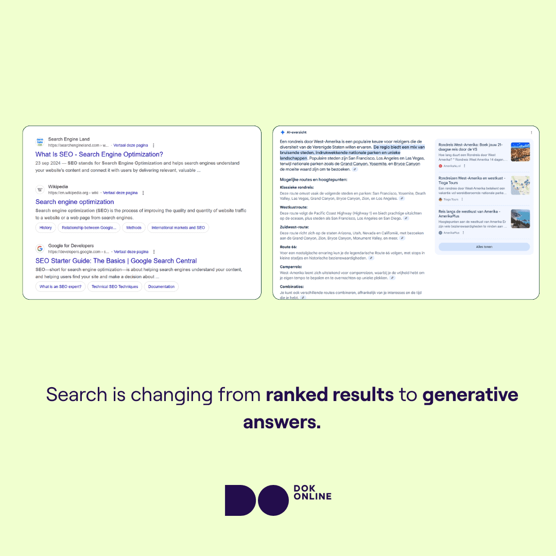 "Side-by-side comparison of traditional Google search results and modern AI Overviews, showing the shift from clickable links to summarised answers
"