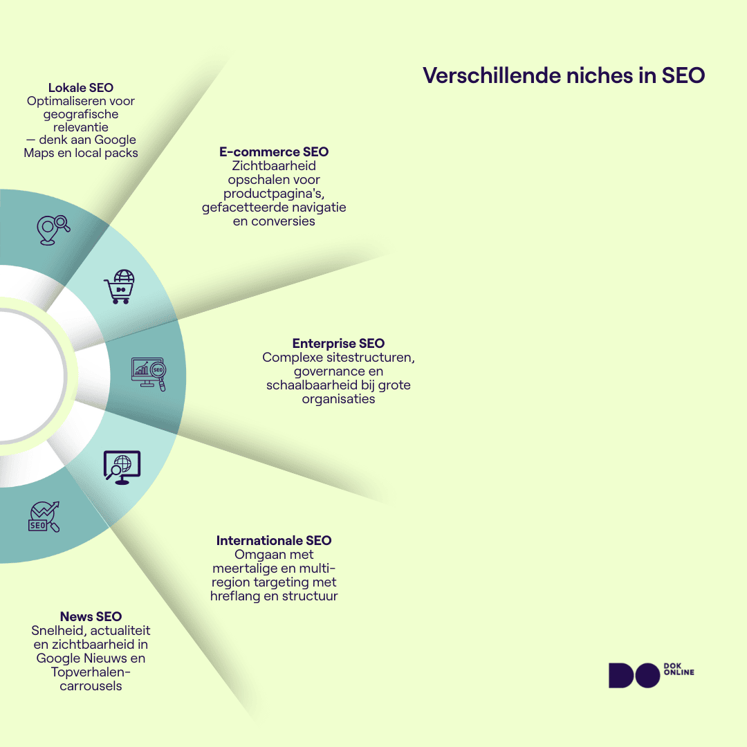 Infographic met vijf typen SEO: Local, Ecommerce, Enterprise, International en News 