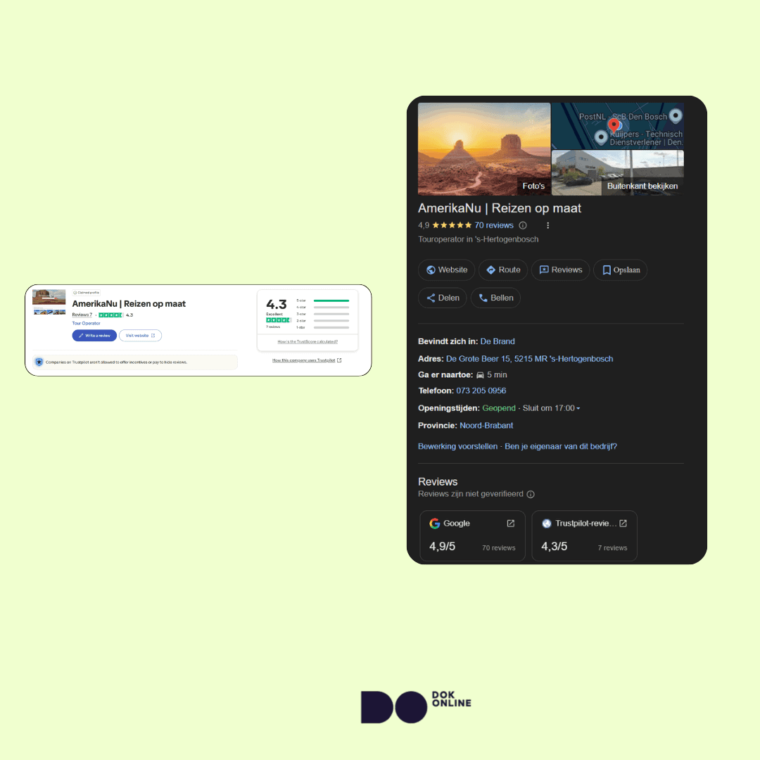 Collage die de off-page local SEO-signalen van AmerikaNu laat zien, waaronder hun Google Bedrijfsprofiel, Trustpilot-reviews en externe vermeldingen.