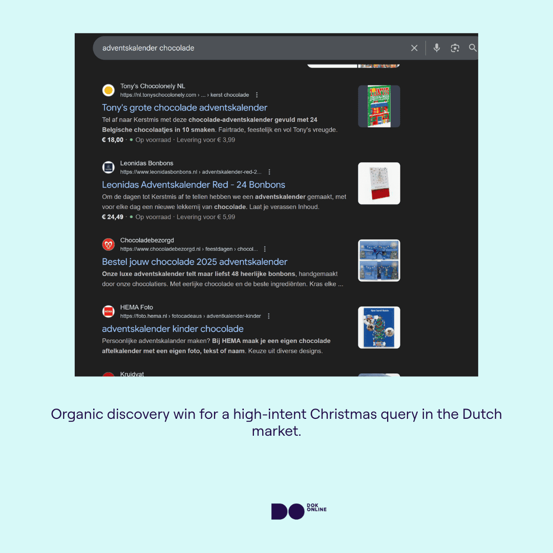 Page one ranking for 'chocolade adventskalender' on Google, for Tony's Chocoloney's collection page.