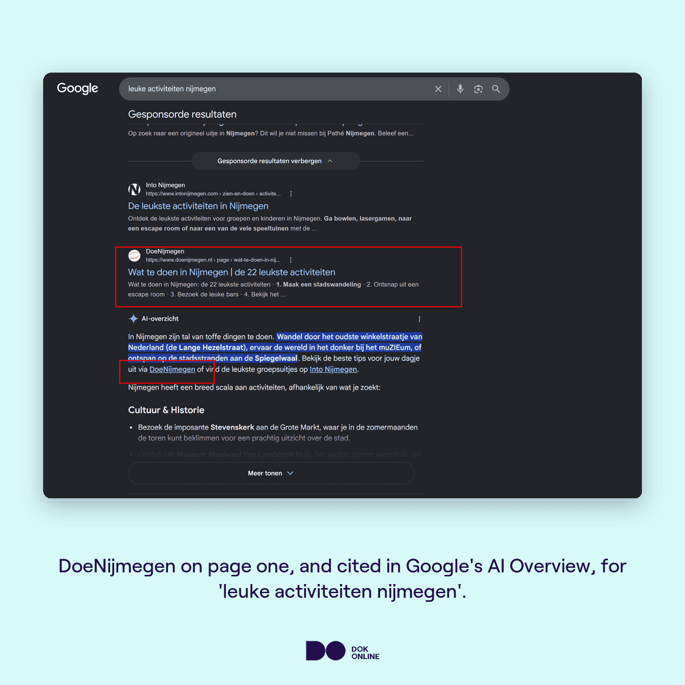 Google search result for "leuke activiteiten nijmegen" showing DoeNijmegen ranking on page one and cited as a source in Google's AI Overview.