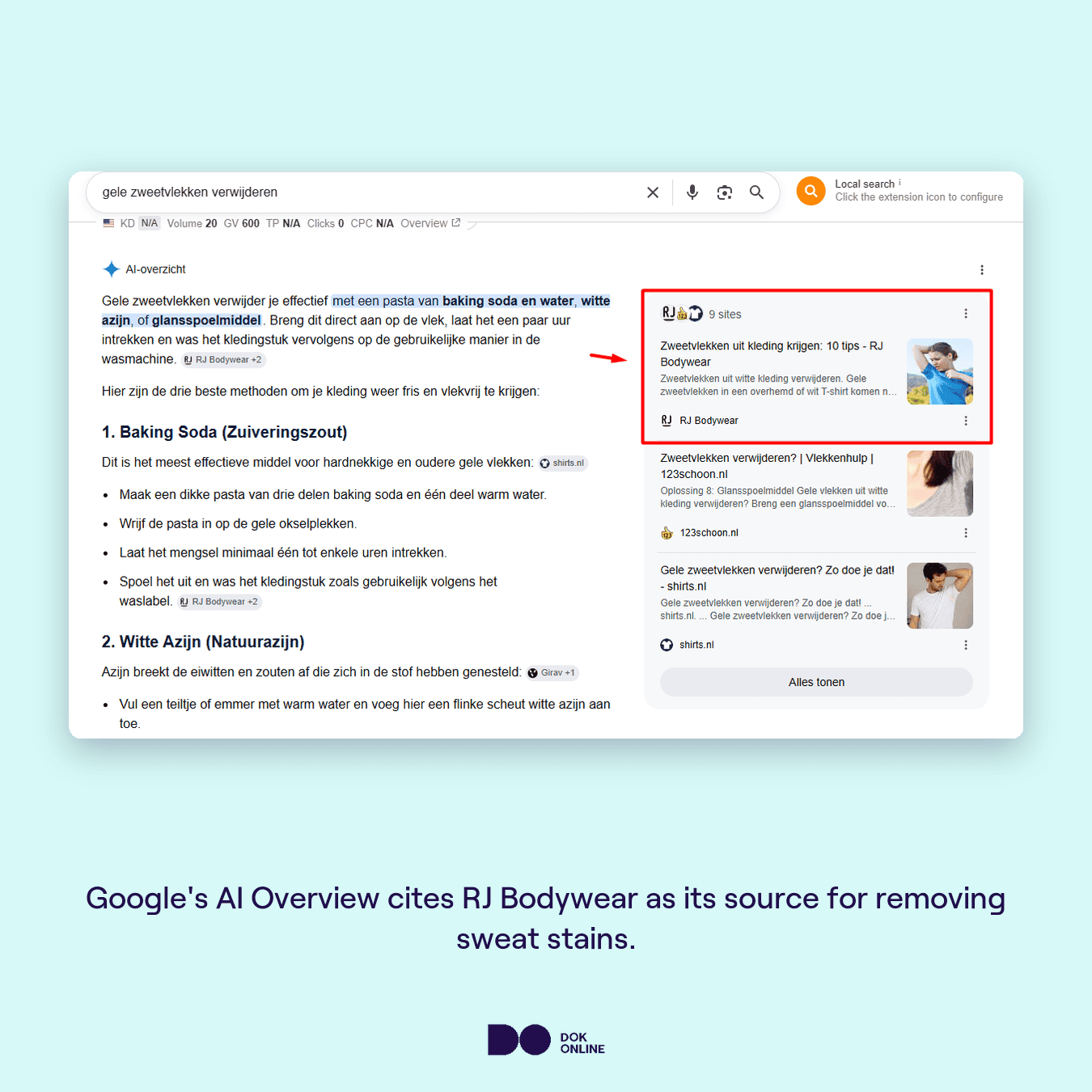 Google AI Overview for "gele zweetvlekken verwijderen" citing RJ Bodywear as a source for removing sweat stains from clothing.